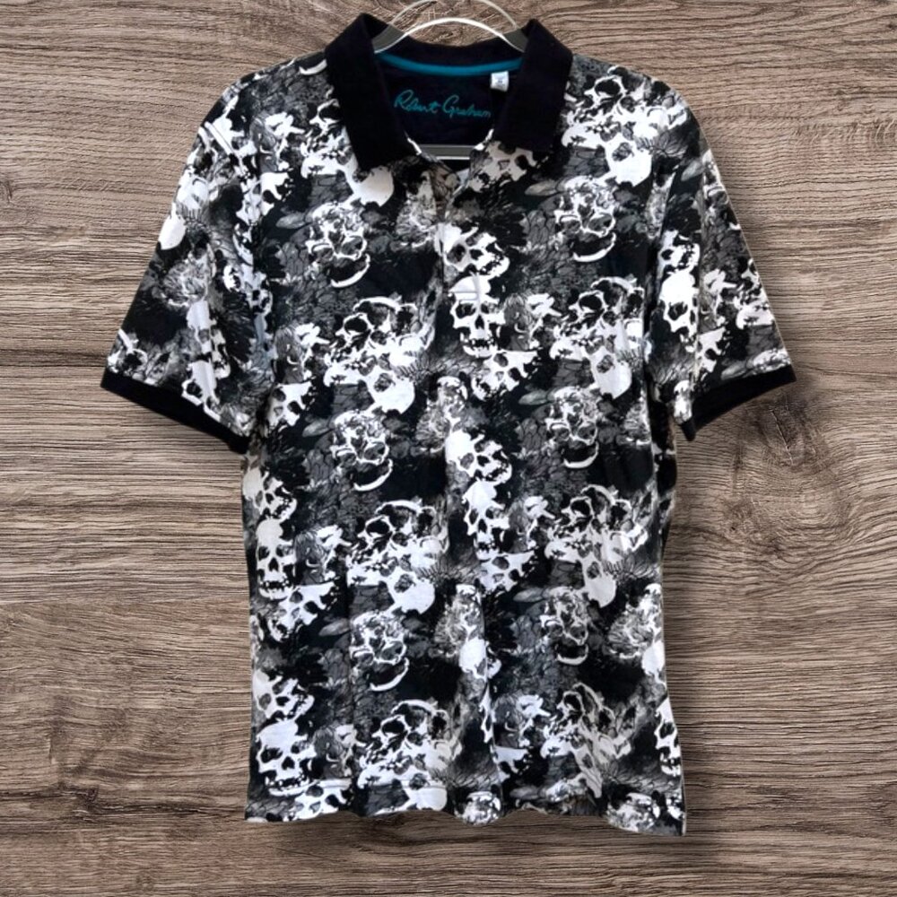 Robert Graham Polo Shirt Skull Floral Black White Short Sleeve Men's Size Medium